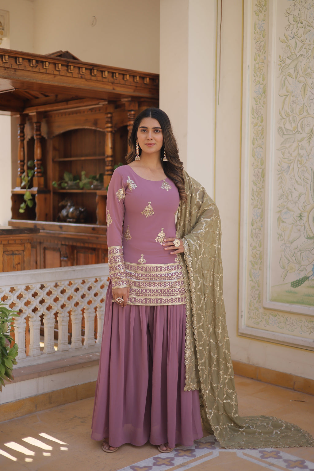 Elegant onion partywear kurti, plazzo pants, and matching dupatta set