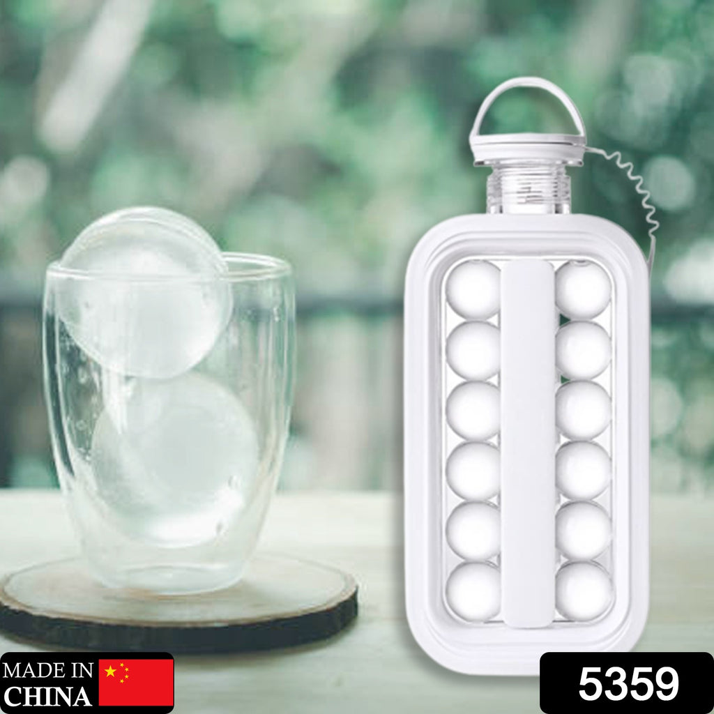 Blue portable 2-in-1 ice ball maker bottle with lid, filled with ice for camping and hiking.