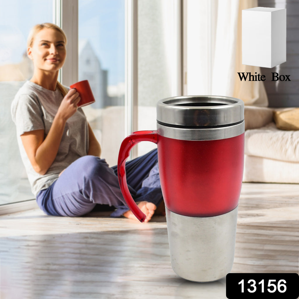 Black stainless steel double-walled insulated travel mug with handle & lid for car coffee.