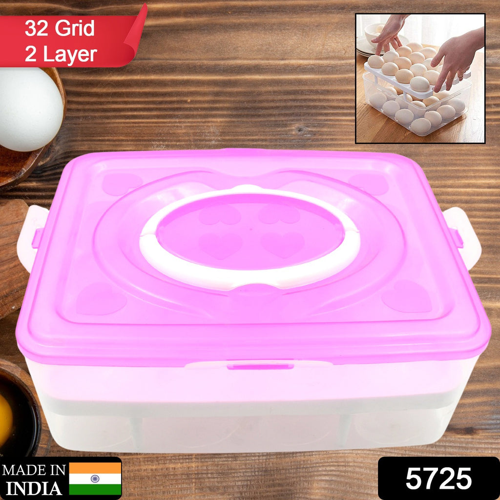 Clear 2-layer 32-grid egg tray with lid and handle for refrigerator or camping food storage.