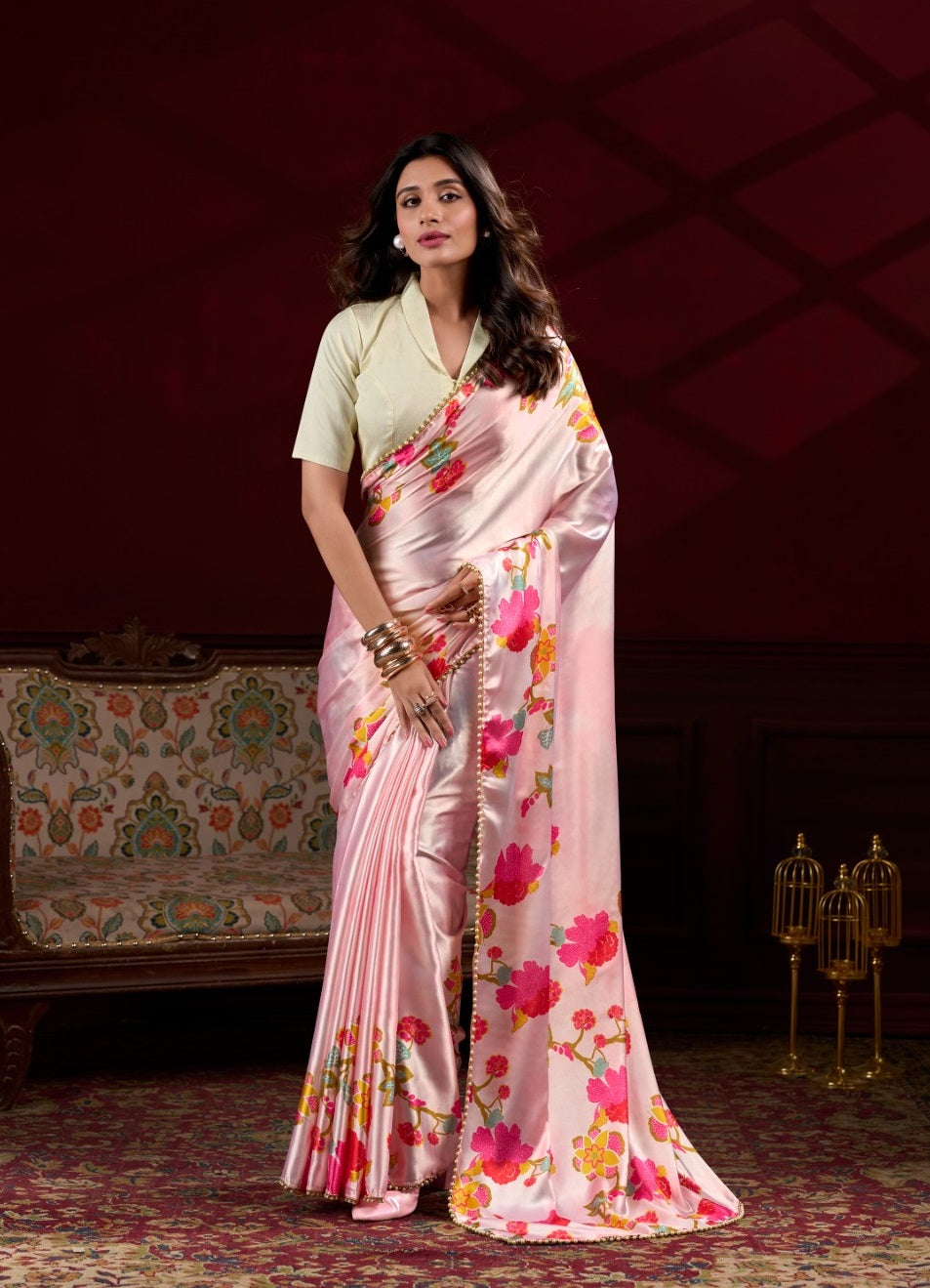 Peach Japan satin silk saree with digital floral print and elegant pearl lace border