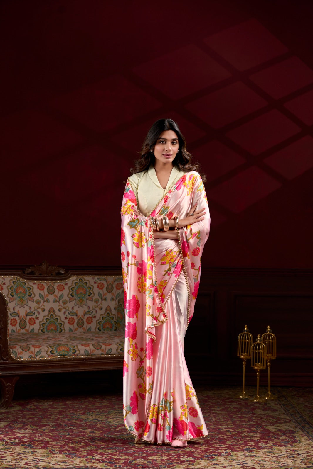 Peach Japan satin silk saree with digital floral print & elegant pearl lace border