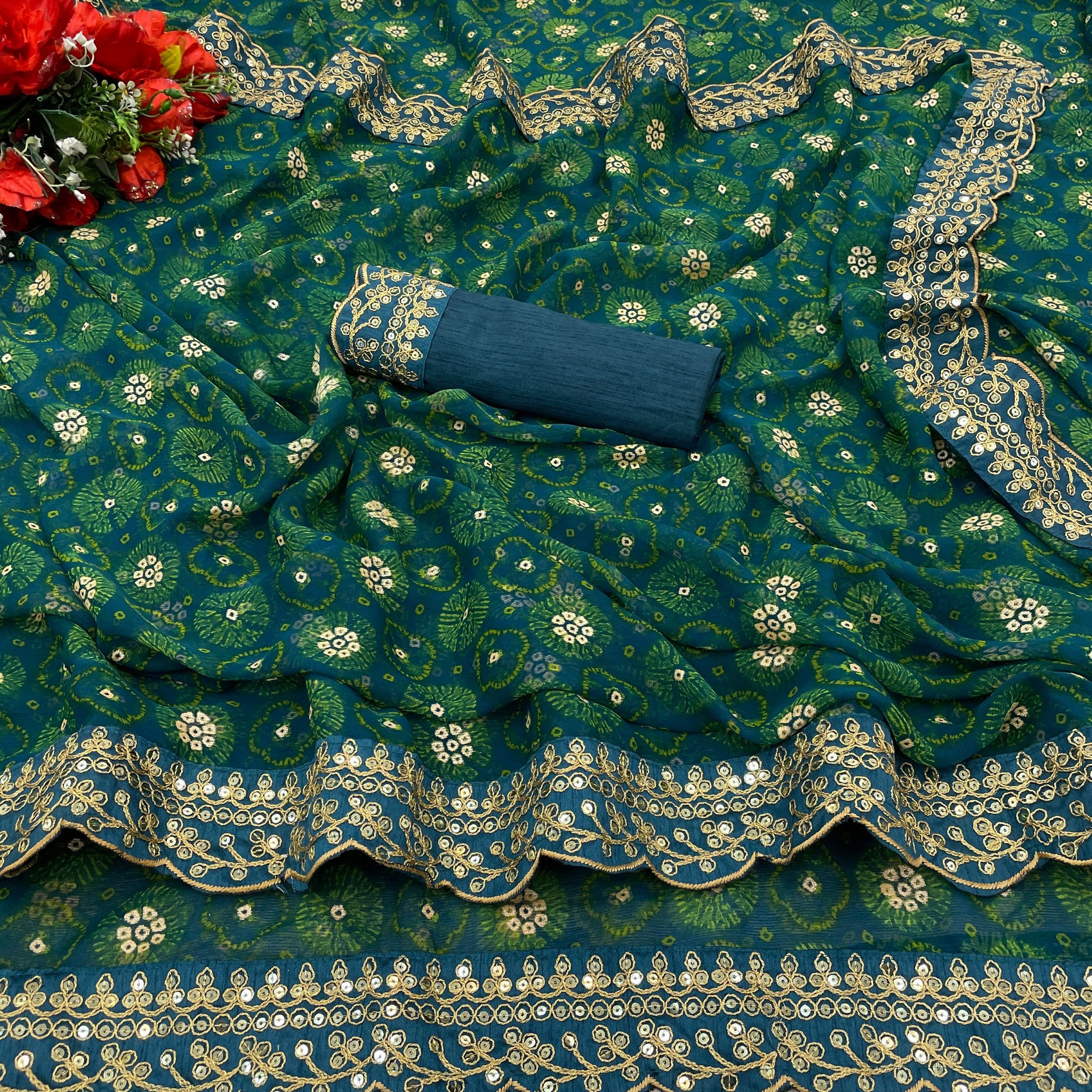 Petrol blue Georgette Chiffon Saree with flower print, foil, and sequin work