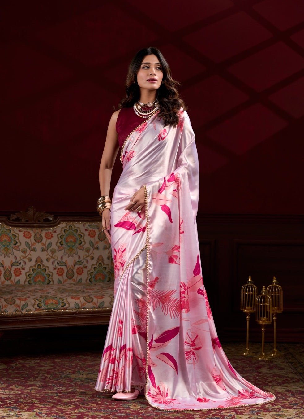 TRENDBUY Pink Japan Satin Silk Saree with digital floral print and elegant pearl lace border