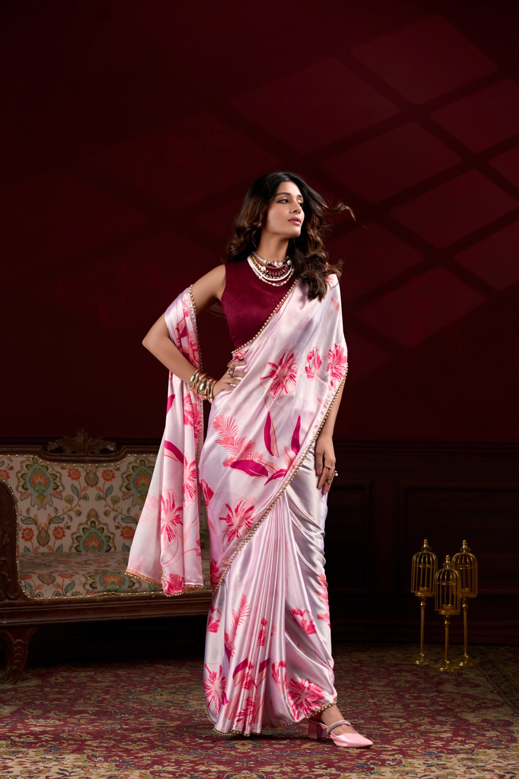 Pink Japan satin silk saree with digital floral print and elegant pearl lace border