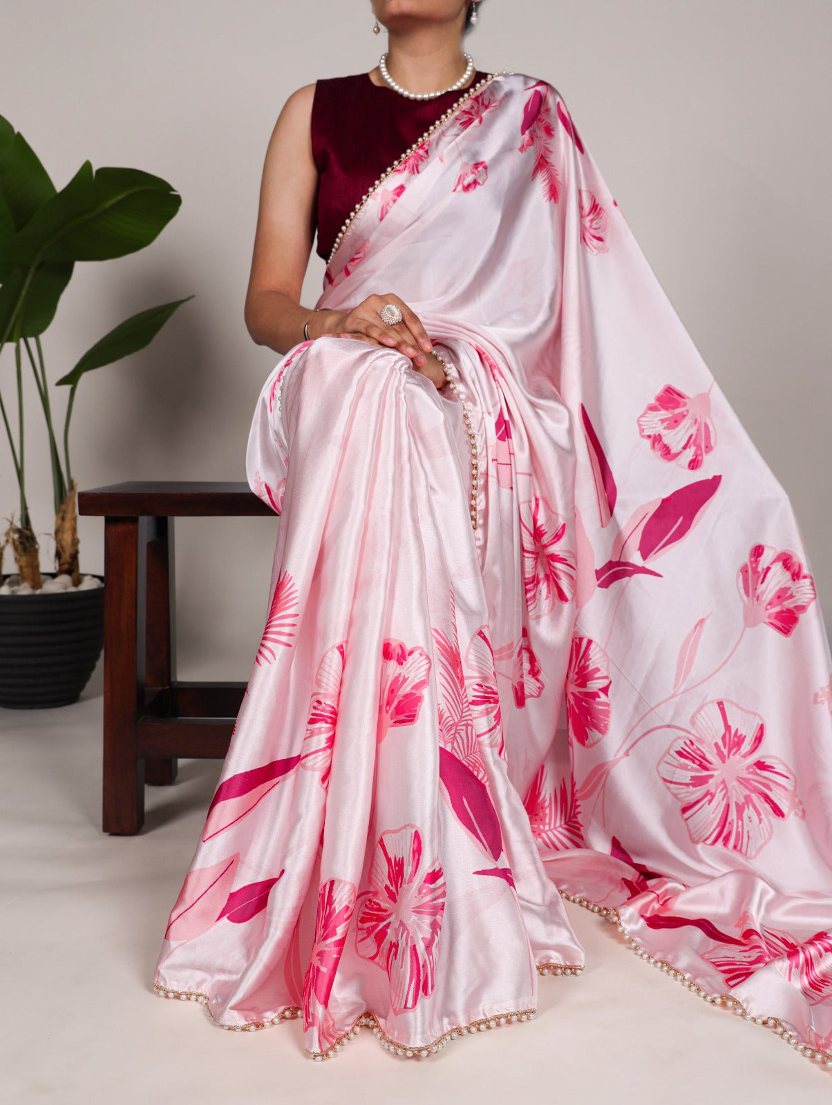 Pink Japan satin silk saree with digital floral print and elegant pearl lace border