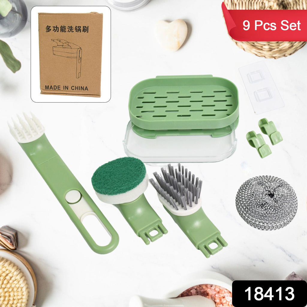 Dish brush set (9 Pcs) with handle, multiple replacement heads (sponge, scrub, bristle), and drain tray in kitchen.