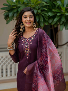 TRENDBUY WF-NYSA Plum Roman Silk Embroidered Kurti with Pant & Muslin Bandhani Dupatta Set