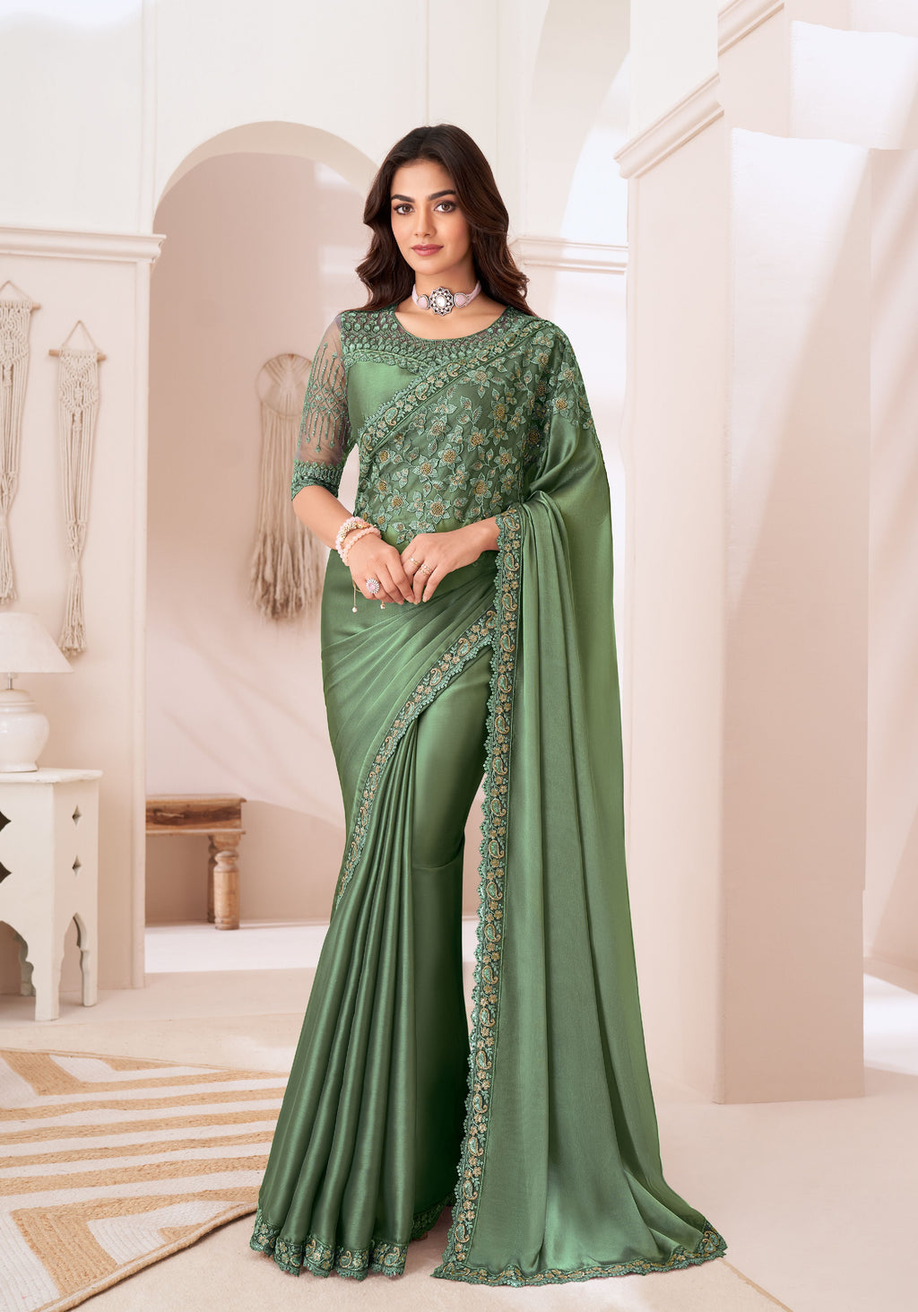 Elegant party wear chiffon saree featuring a sartin silk blouse, perfect for special occasions.