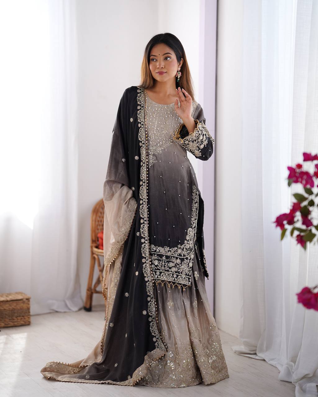 Elegant Chinon silk plazzo dress for party wear and wedding occasions