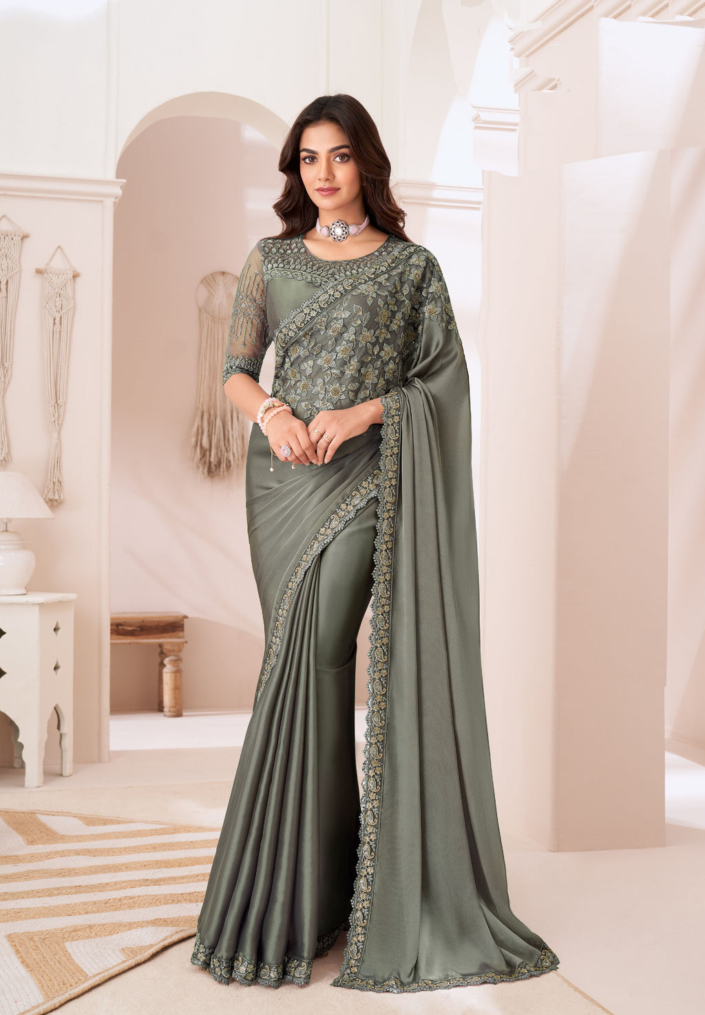 Party Wear Sartin Chiffon Saree with intricate work