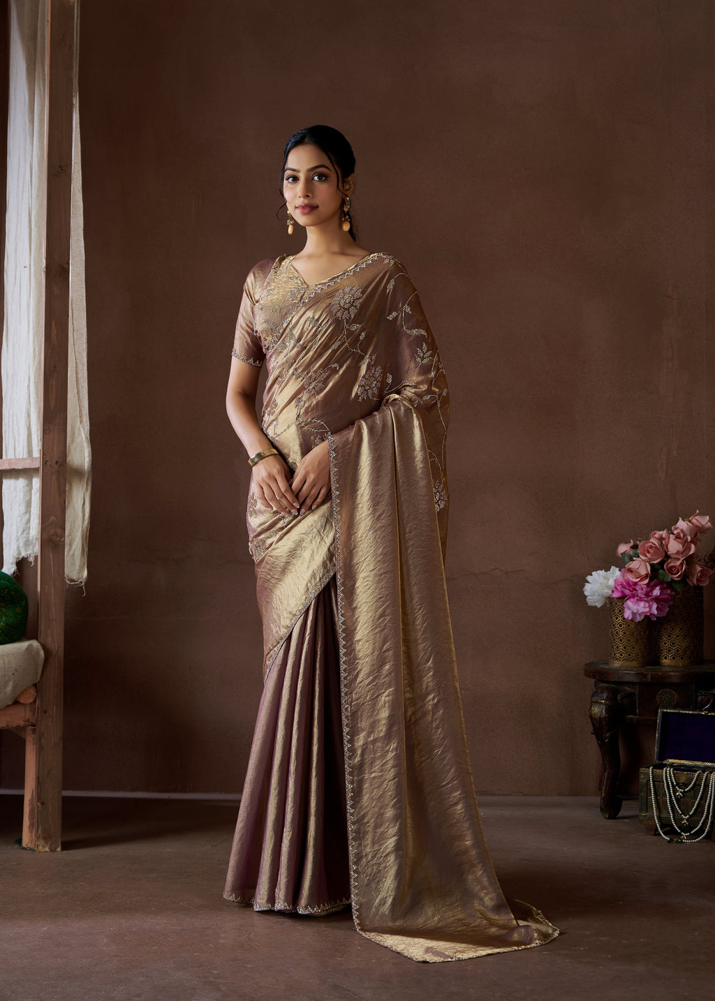 Stunning Party Wear Satin Handwork Silk Saree with detailed embroidery