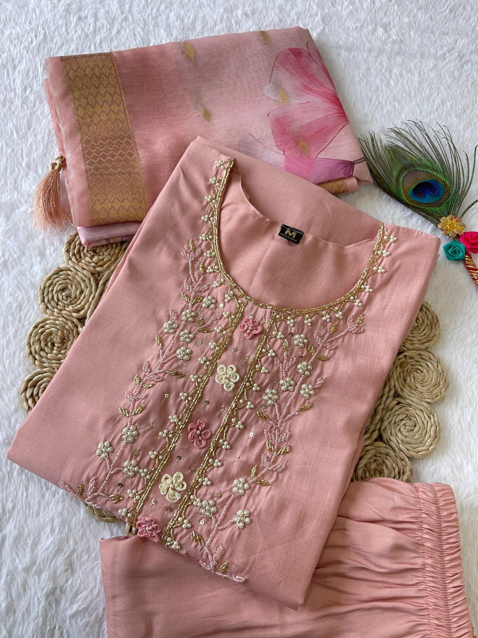 Peach handwork kurta pant dupatta set with intricate embroidery