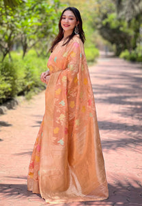 Peach Organza Floral Zari Woven Saree | TRENDBUY