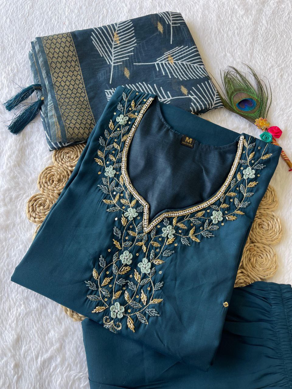 Peacock Handwork Kurti Pant Dupatta Set with intricate traditional embroidery