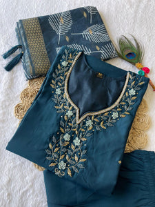 Peacock Handwork Kurti Pant Dupatta Set | TRENDBUY