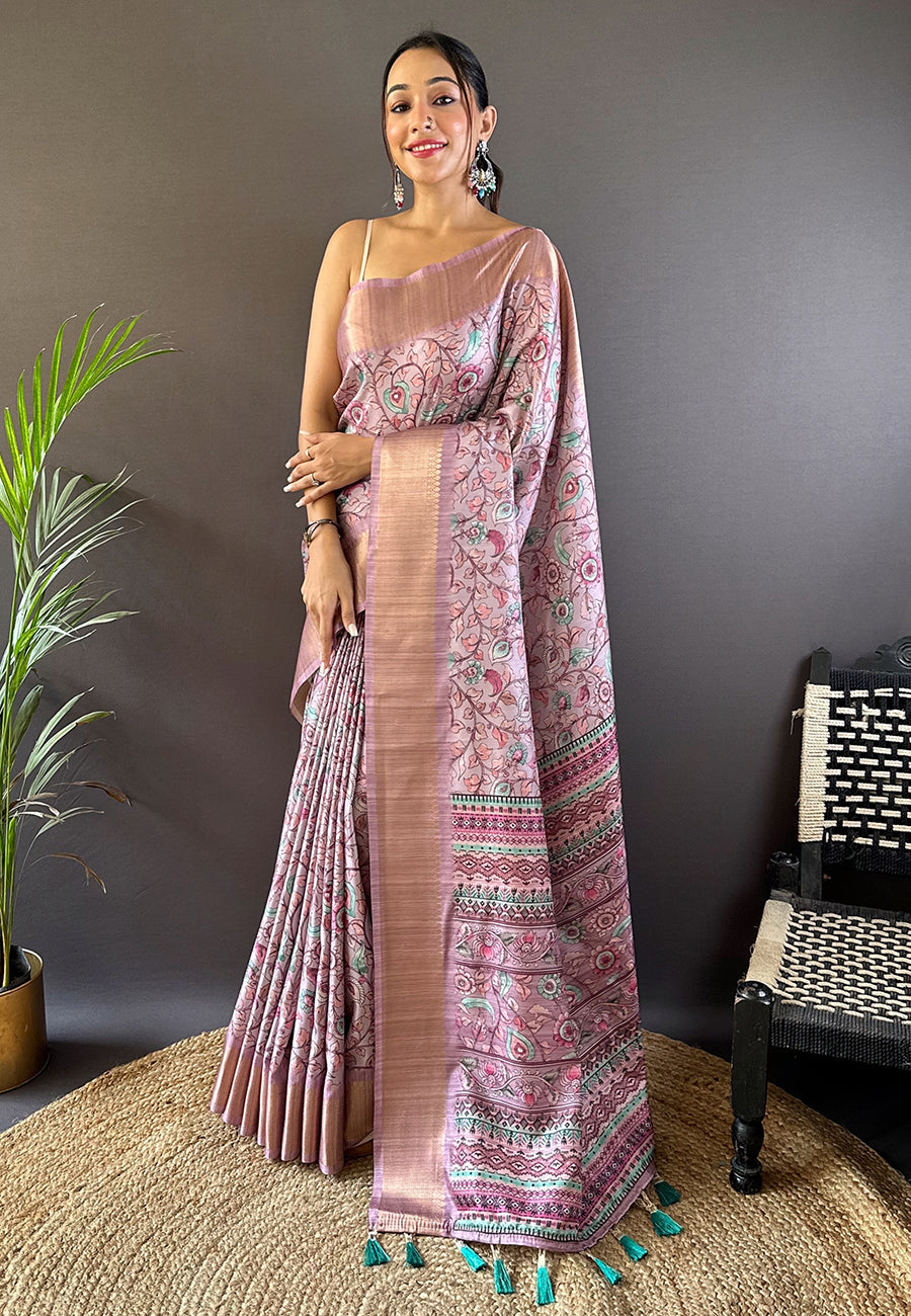 Lavender Color Assam Silk Kalamkari Printed Saree
