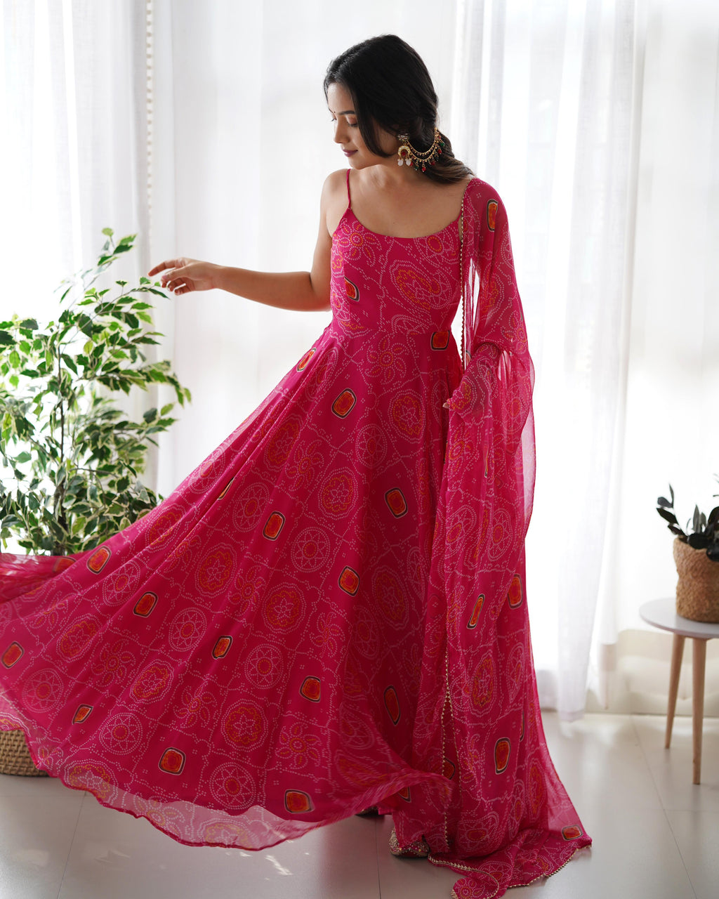 Pink backless Dori pattern Bandhani print Anarkali gown