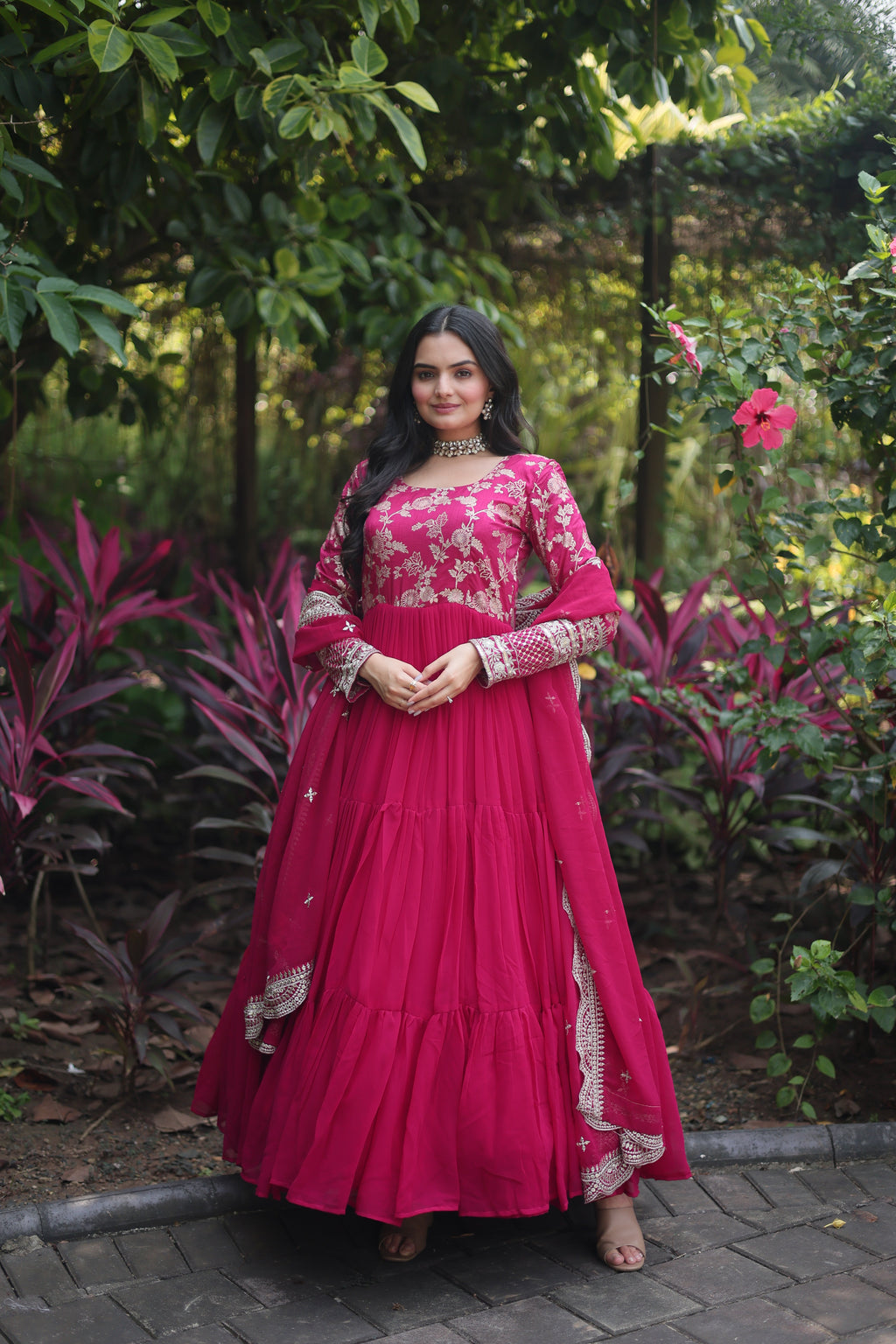 Sparkling pink faux blooming sequin gown with a coordinating duppatta.