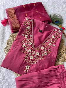 Pink Handwork Kurti Pant with Dupatta Set | TRENDBUY