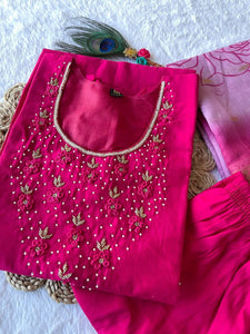 Pink Handwork Kurti Pant with Dupatta Set | TRENDBUY