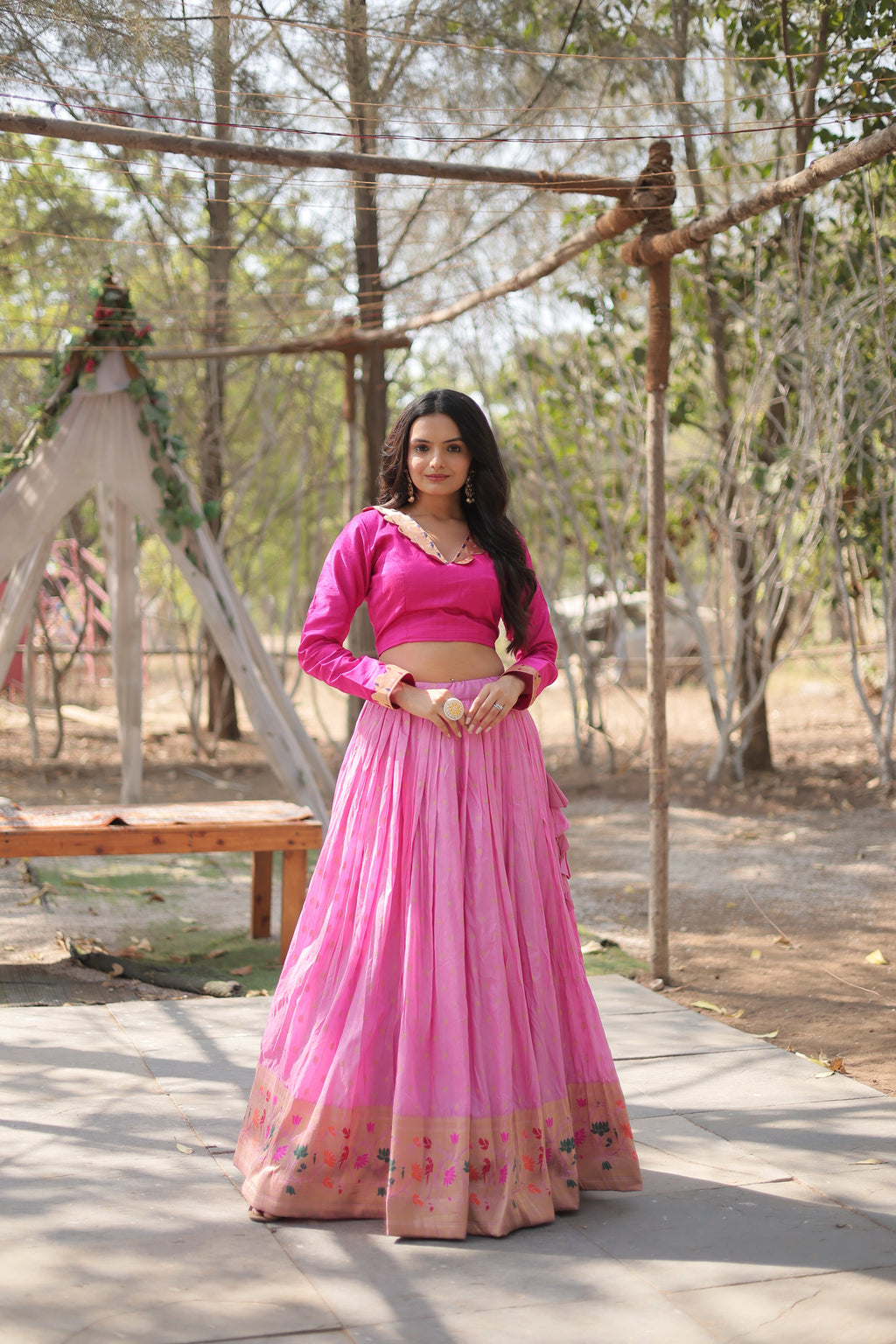 Pink Paithani Lehenga Choli, a traditional Indian outfit with intricate zari work.
