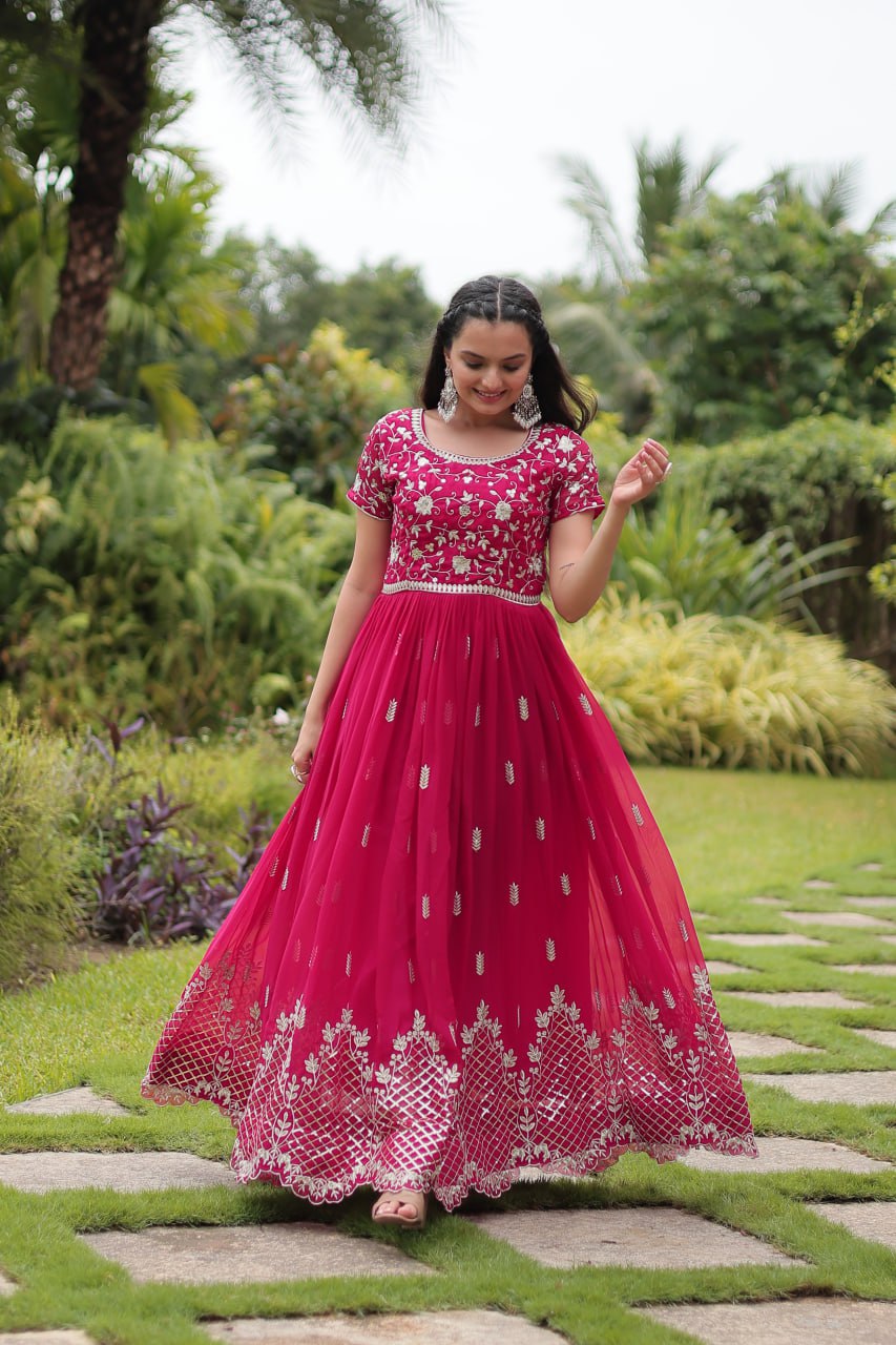 Elegant pink partywear flaired ethnic gown