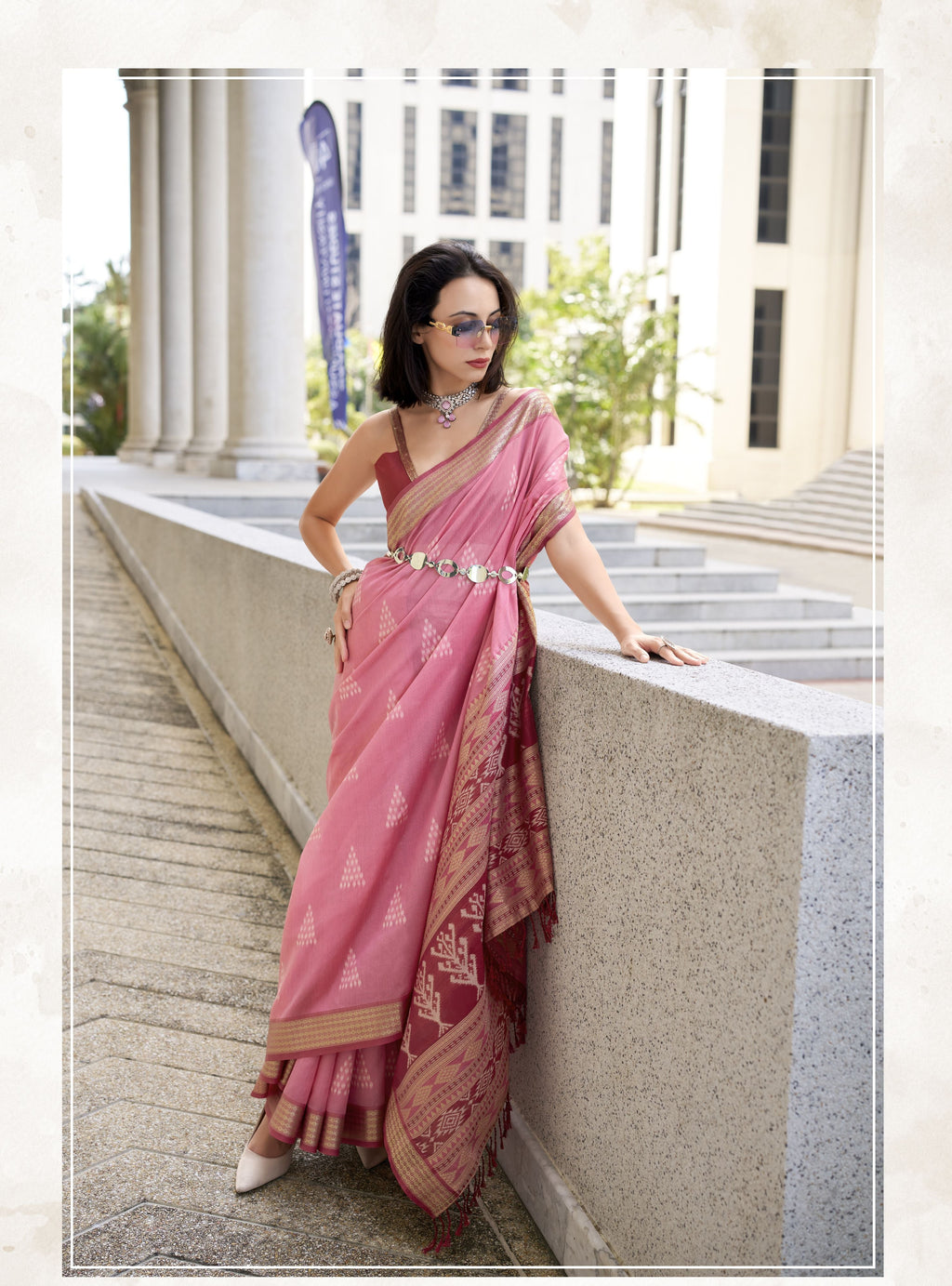 Pink Rayon Silk Ikkat Design Party wear Saree