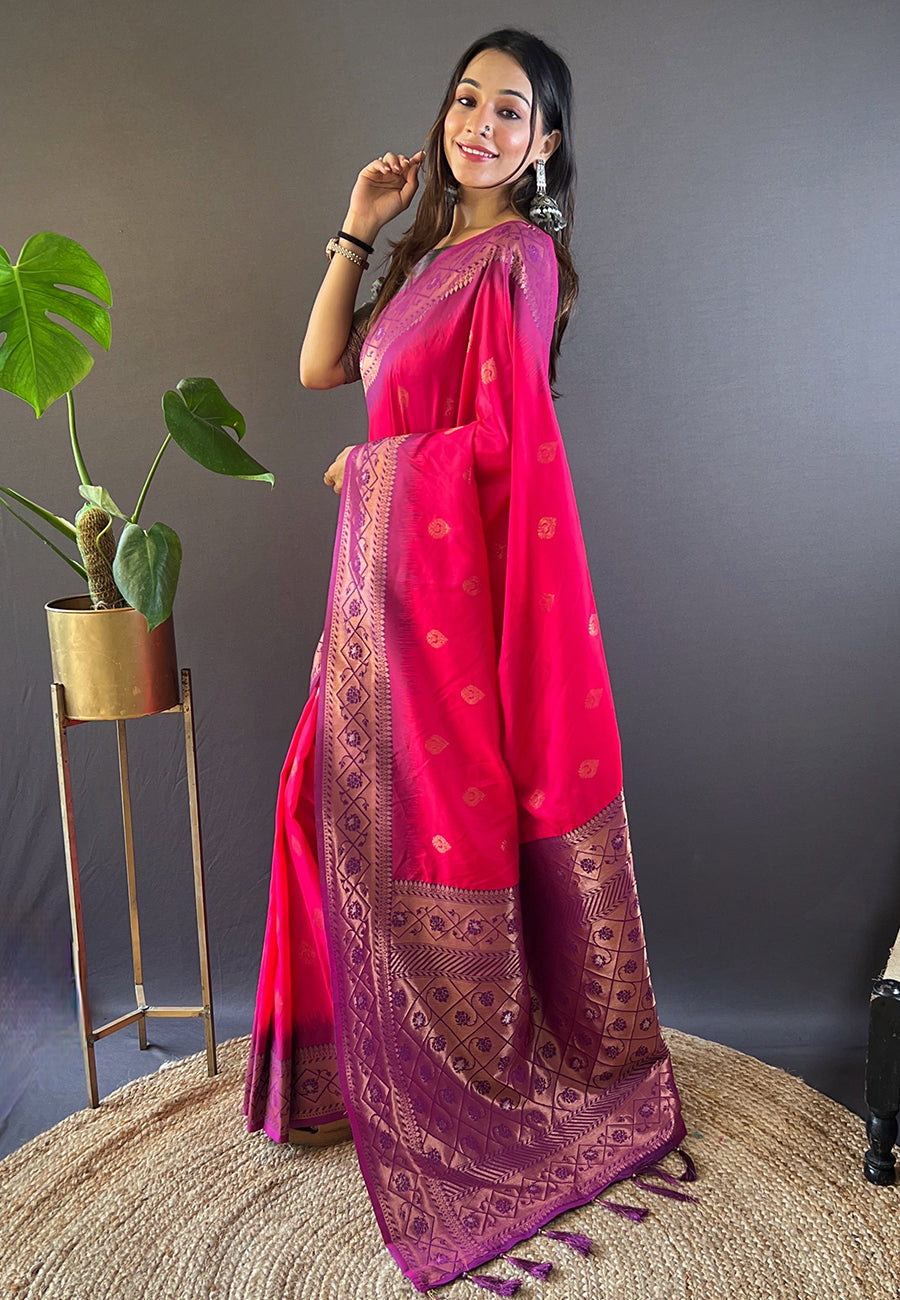 Pink Soft Silk Saree featuring Zari weaving, perfect for festival wear.