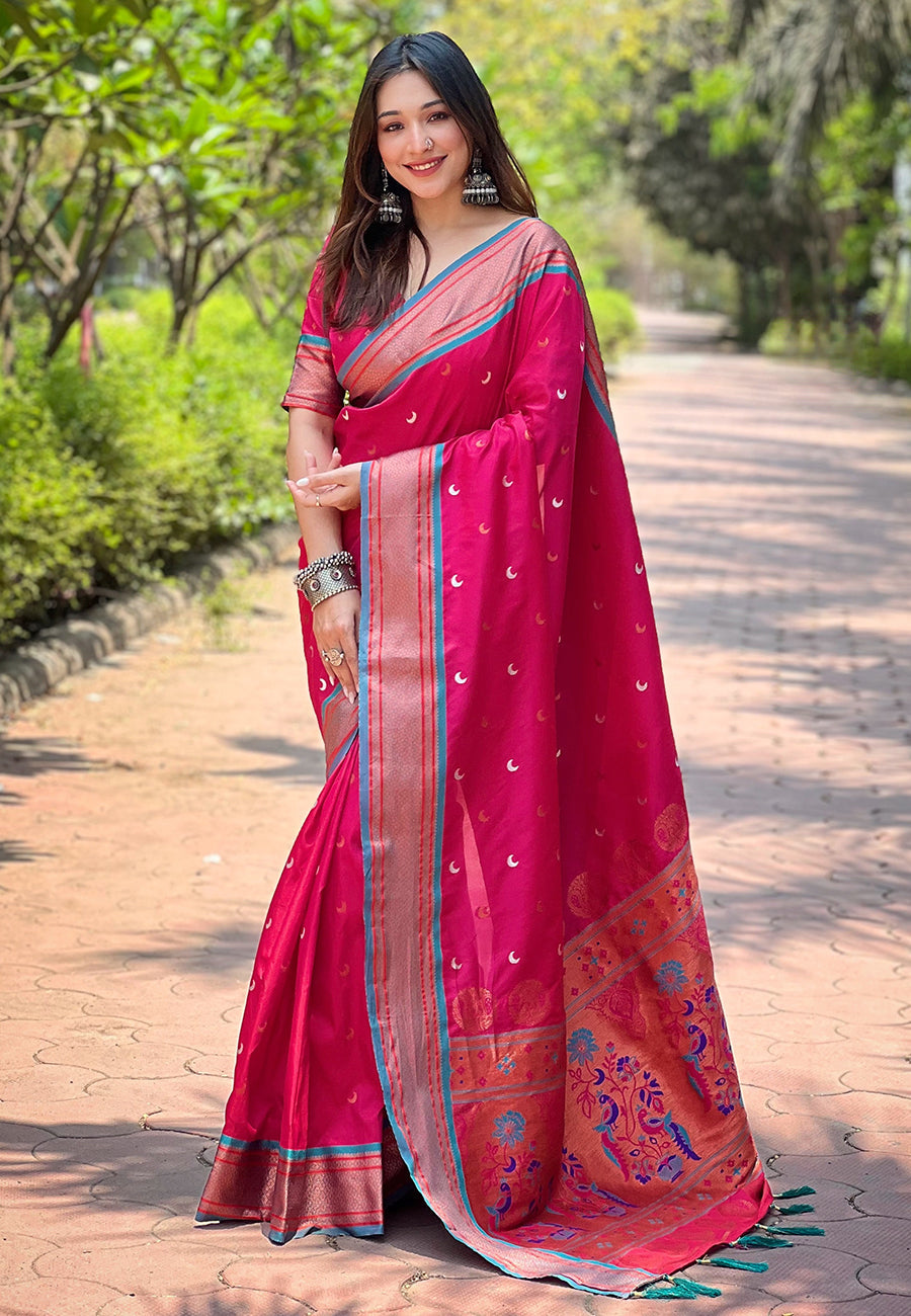 Pink Yeola Maharashtrian Paithani saree, traditional handwoven silk