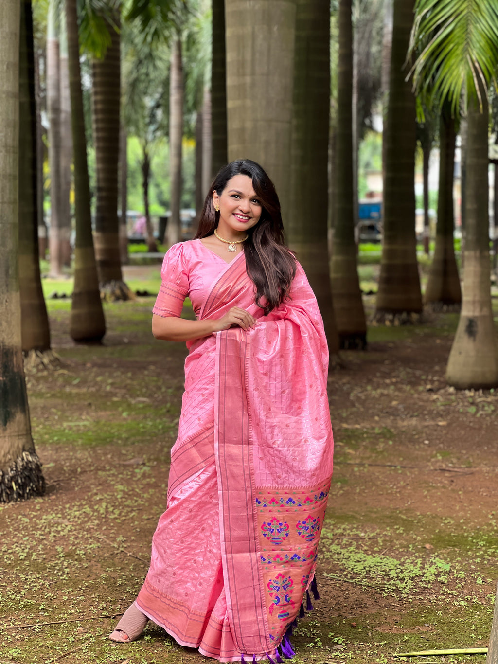 Pink Yeola Muniya Paithani Saree with a traditional Zari border