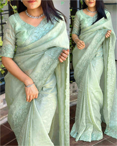 Pista Color Sequin Cutwork Saree | TRENDBUY