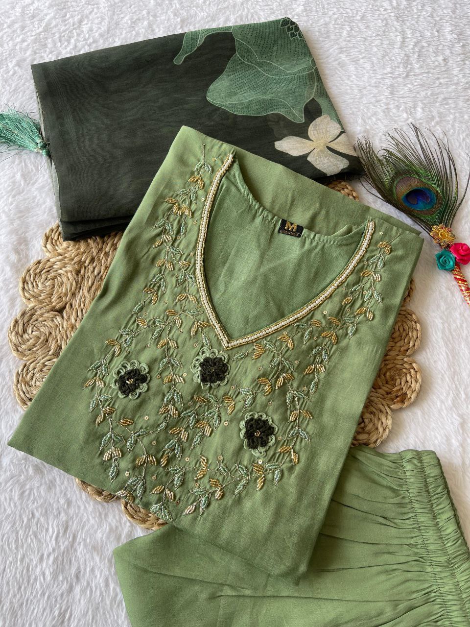 Pista green kurti with intricate handwork embroidery