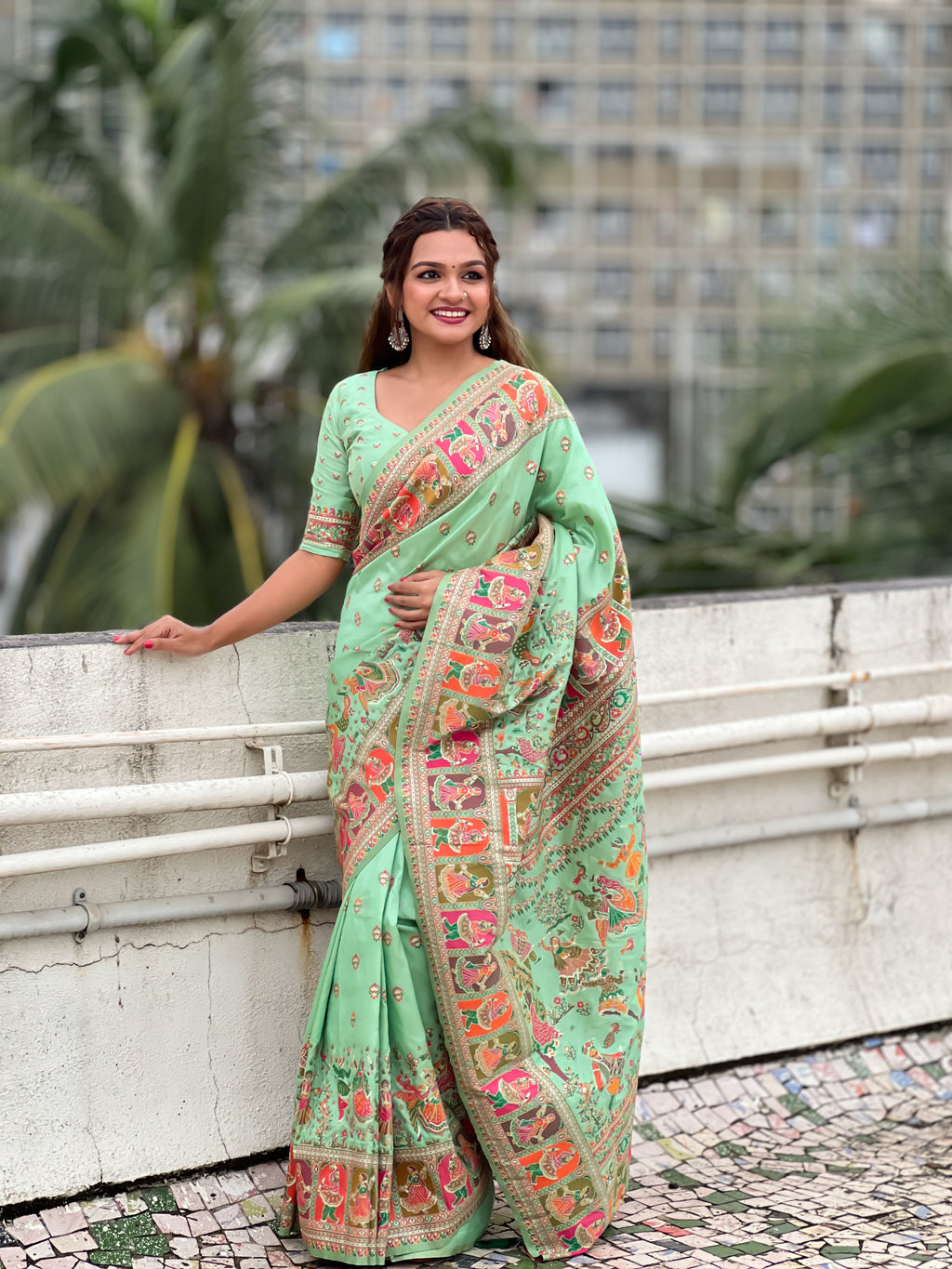 Pista Pashmina Kashmiri Silk Saree with intricate Zari weaving