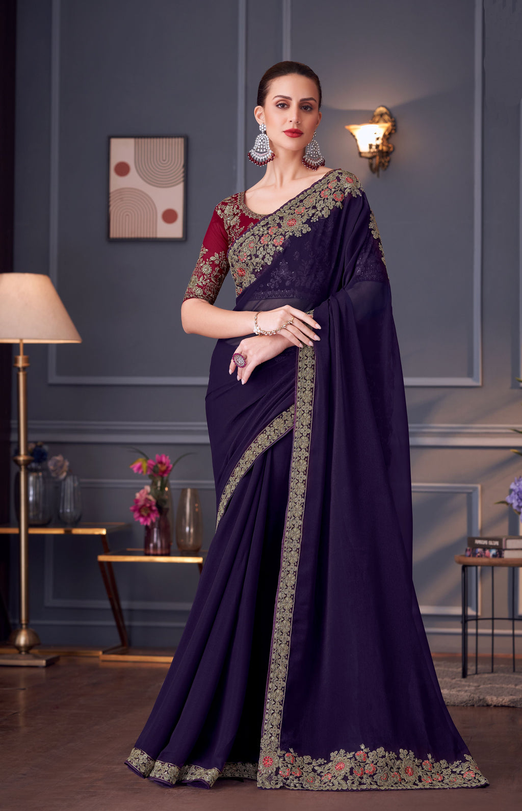 Premium georgette designer saree, perfect for weddings, displaying rich fabric and detailed work.