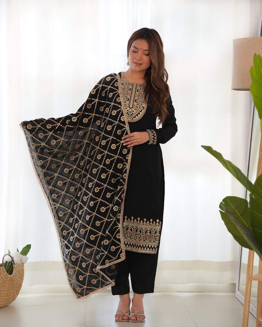 Pure black blooming Vichitra silk latest dress