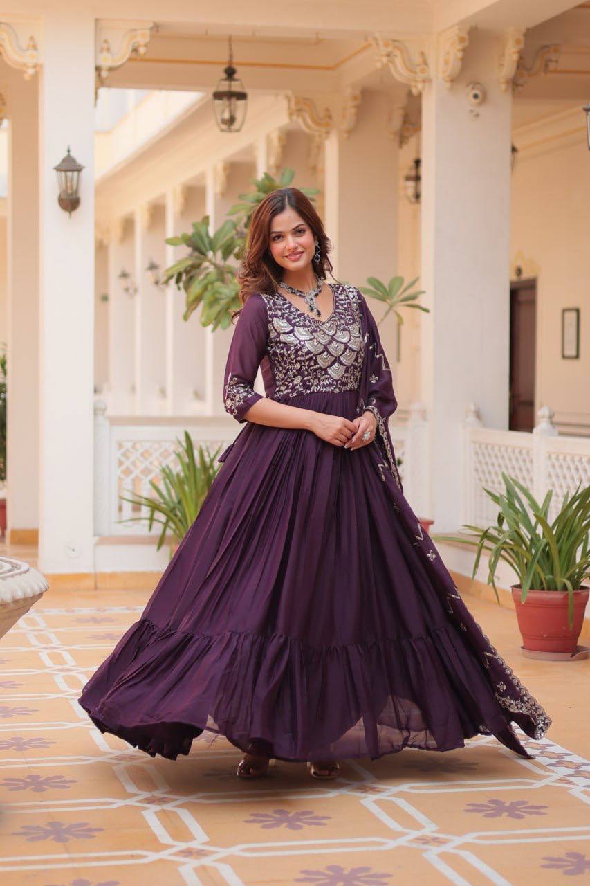 Pure Star Georgette long gown and duppata set for women, elegant flowing design.