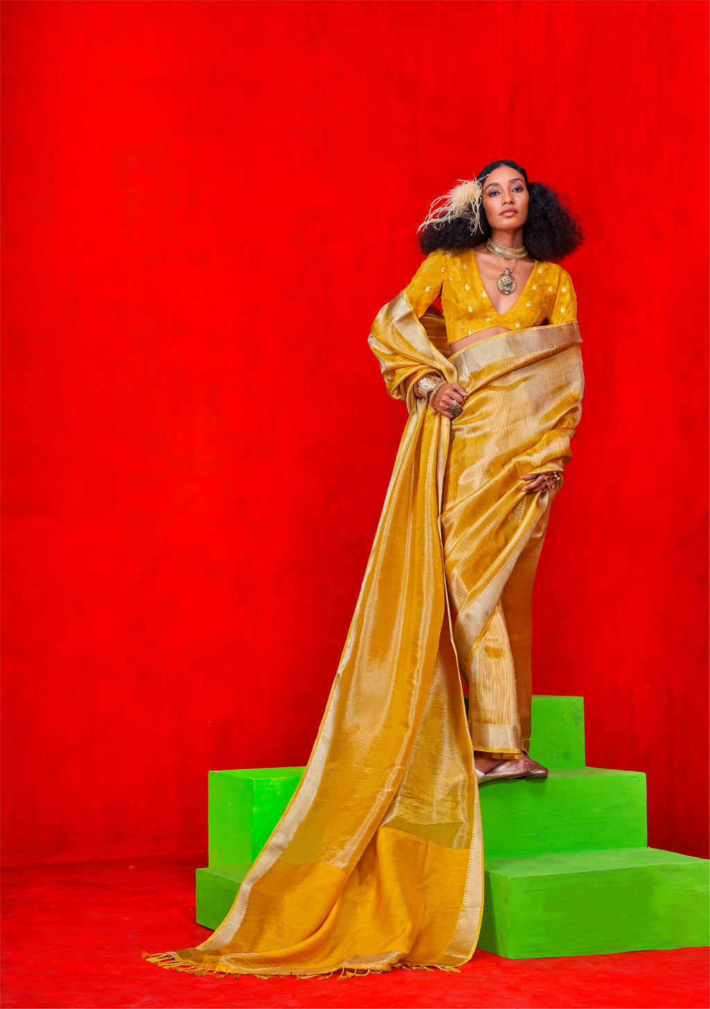 Yellow Pure Viscose Zari Tissue Saree with Jacquard Blouse by TRENDBUY