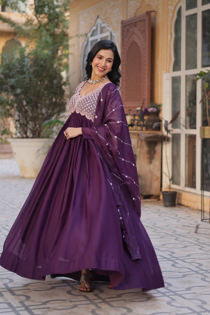 Purpel embroidery full sleeves long gown