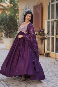 Purpel Embroidery Full Sleeves Long Gown | TRENDBUY