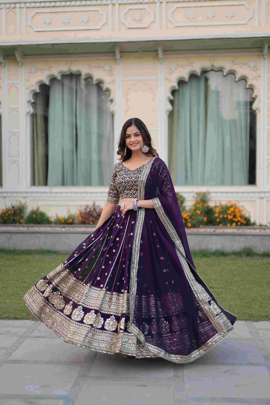 Elegant purple lehenga choli dupatta set, designed for weddings and special occasions.