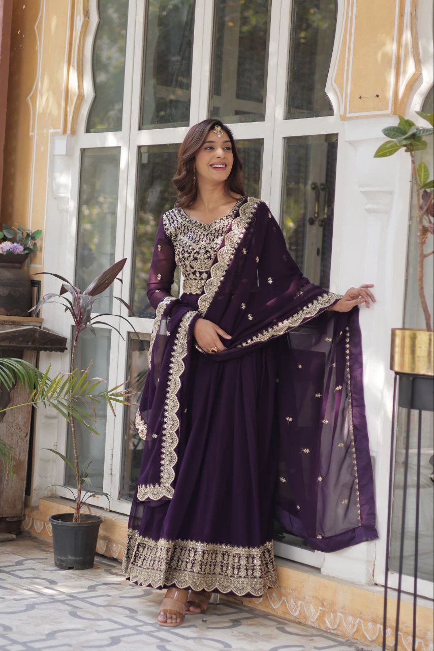 Purple Full Sleeves Embroidered work Gown Set