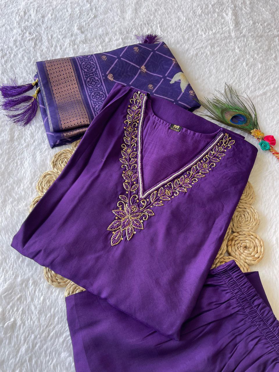 Purple handwork kurti pant dupatta set for women