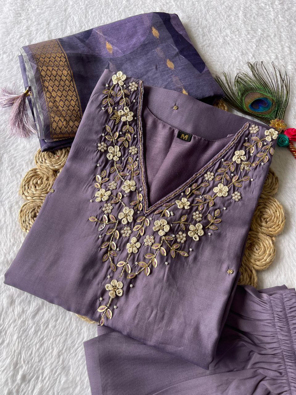 Elegant purple handwork kurti pant and dupatta set.