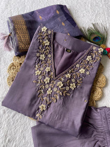 Purple Handwork Kurti Pant with Dupatta Set | TRENDBUY
