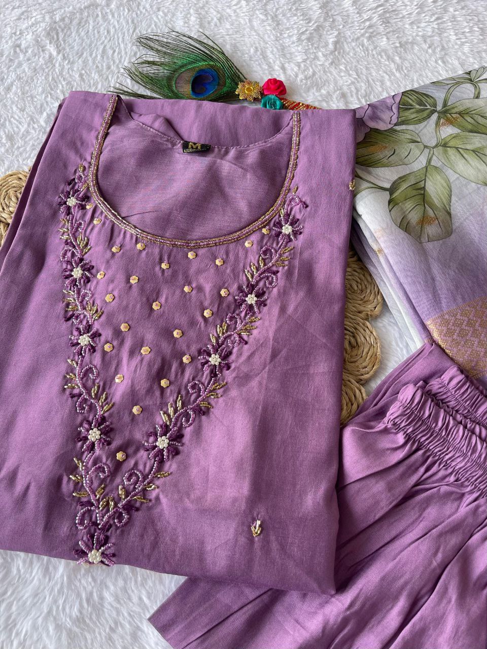 Purple handwork kurti, pant, and dupatta set, featuring intricate details