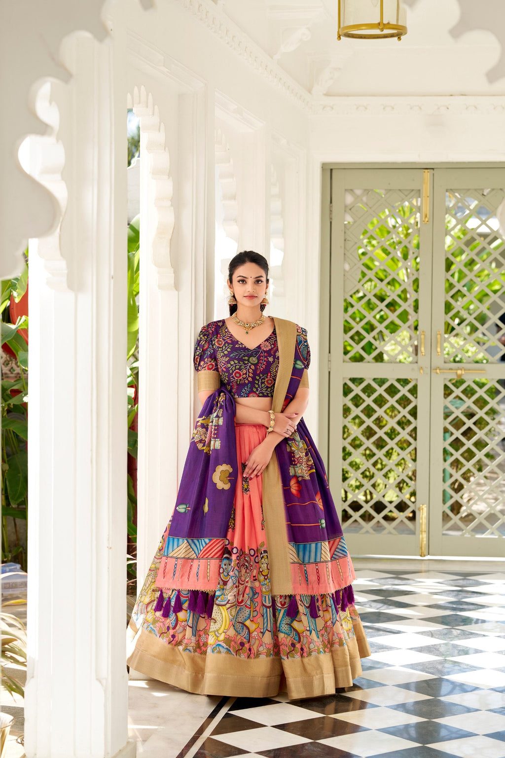 Purple Kalamkari Print Dola Silk Traditional Lehenga Choli, full view.