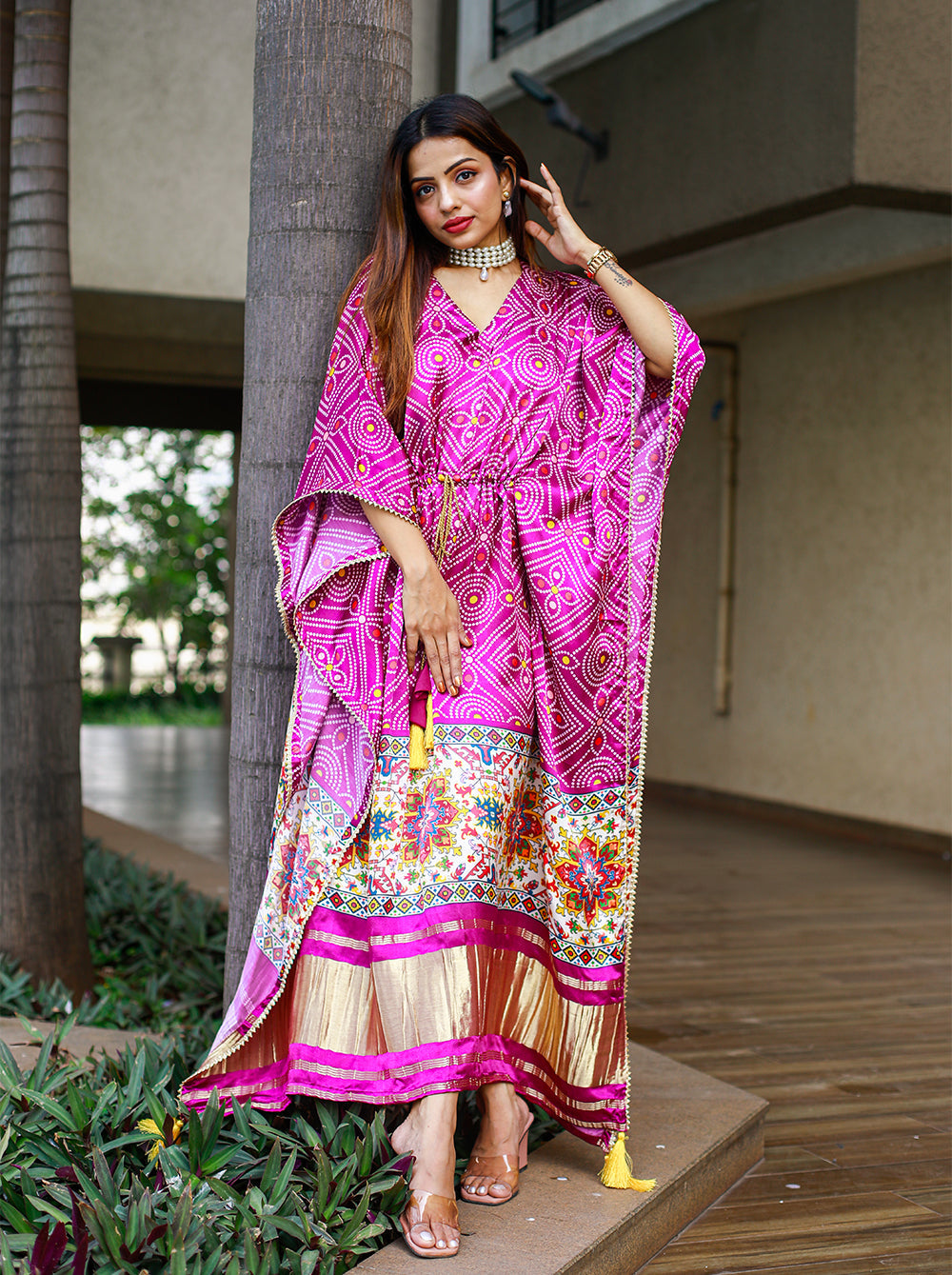 Purple Patola Bandhani print pure Gajji silk kaftan