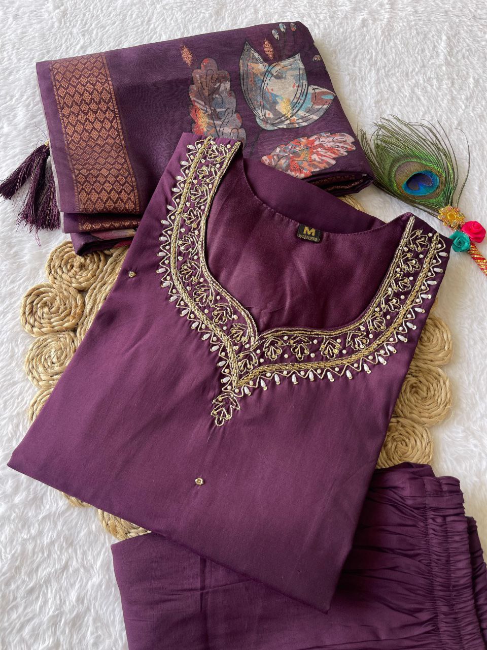 Purple Rakhi Special Kurta Pant Dupatta Set on model.