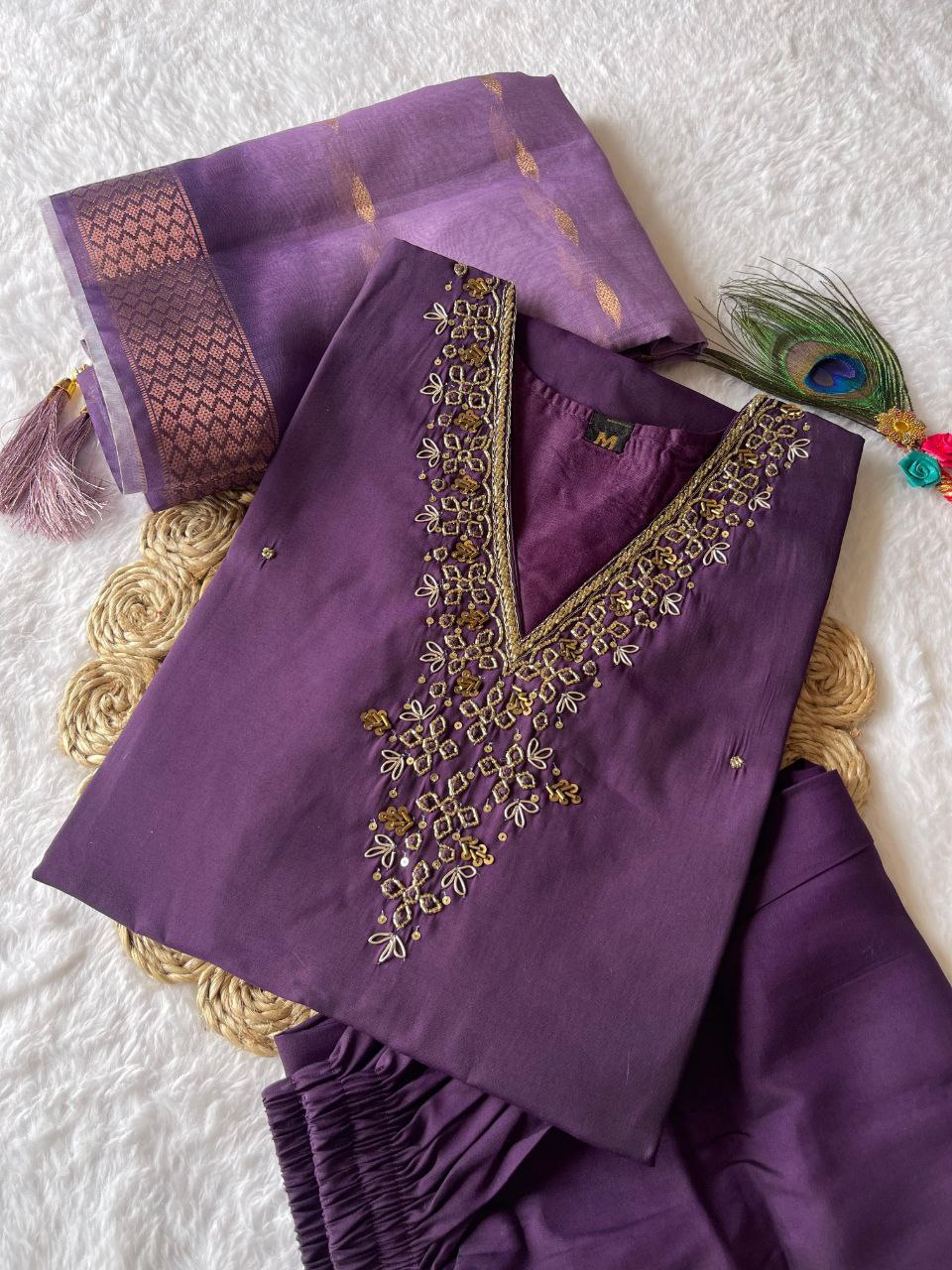 Purple Rakhi special kurta pant dupatta set for women